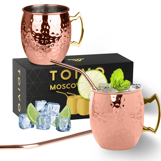 Toivo Moscow Mule Bekers DELUXE - Set van 2 Stuks - Inclusief RVS Rietjes- Koper