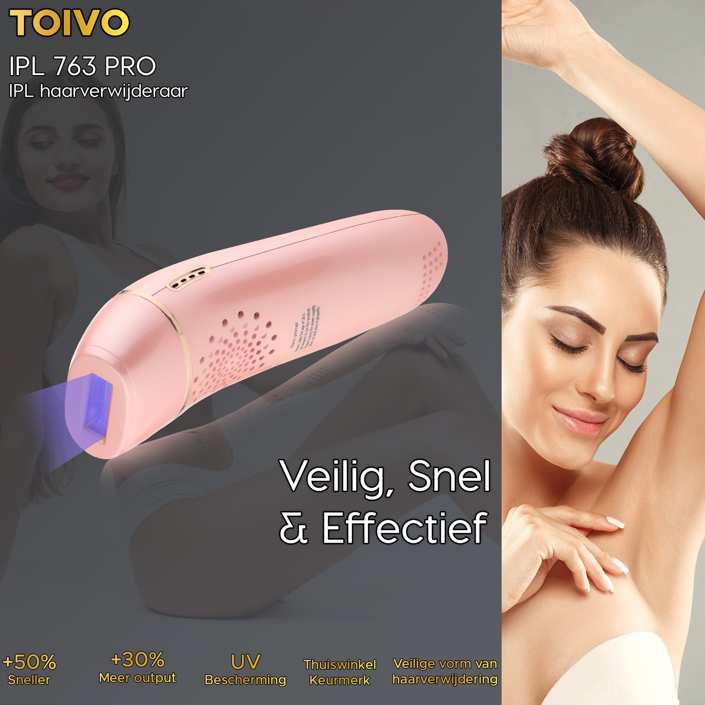 Toivo IPL 763 PRO lichtontharing - Roze - 900.000 flitsen - incl. beschermingsbril