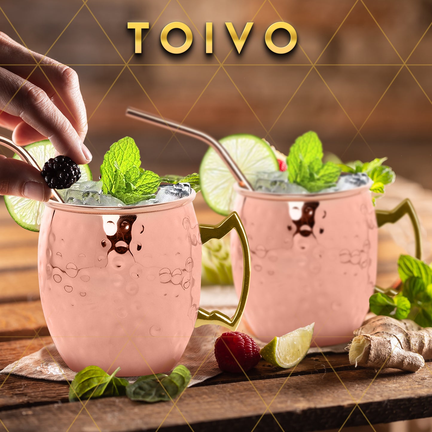 Toivo Moscow Mule Bekers DELUXE - Set van 2 Stuks - Inclusief RVS Rietjes- Koper