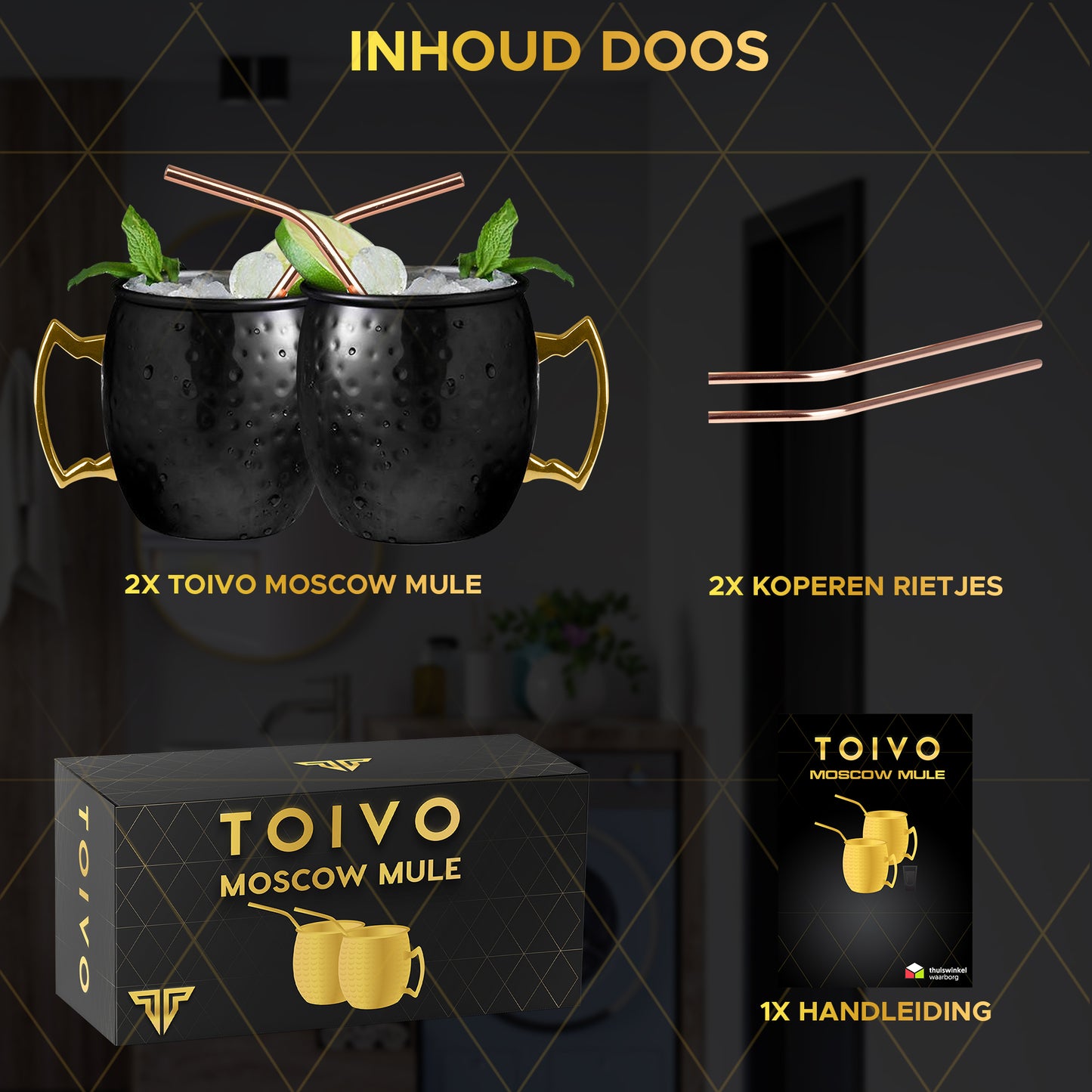 Toivo Moscow Mule Bekers DELUXE - Set van 2 Stuks - Inclusief RVS Rietjes